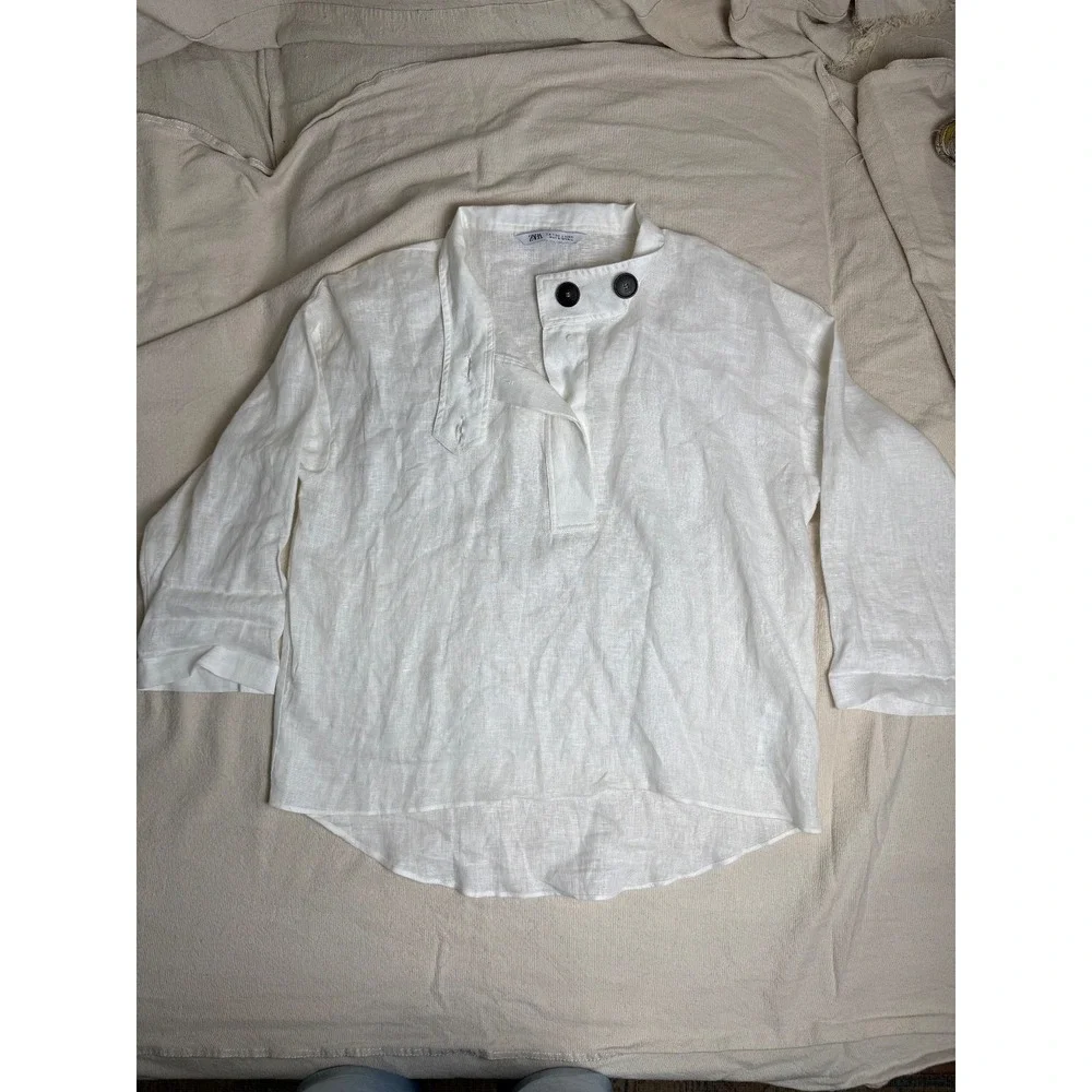 Zara women's long-sleeved linen blouse with buttons, siz S, white - Picture 2 of 6